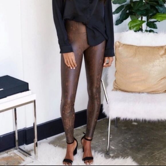 SPANX | Faux Leather Snakeskin Print Brown & Black Leggings Women’s Size Medium - Picture 2 of 11
